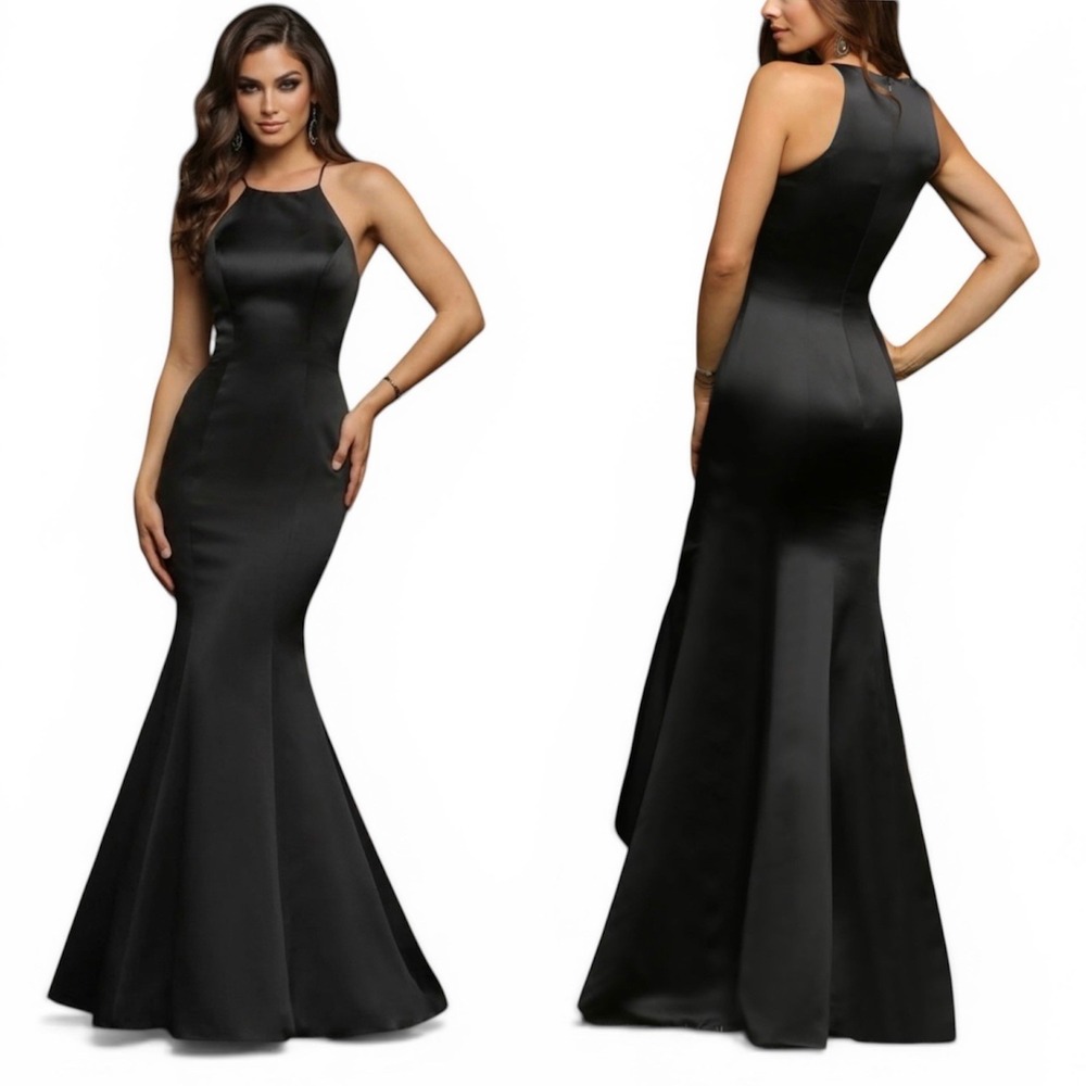 Ashley & Justin Bridesmaids Black Satin Halter Mermaid‎ Formal Gown Dress Size 2